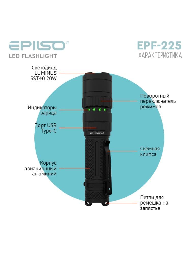 Фонарь карманный EPILSO EPF-225 (Luminus SST40, 20W, 3.7V 4.0Ah, 5В (USB)), фото 2